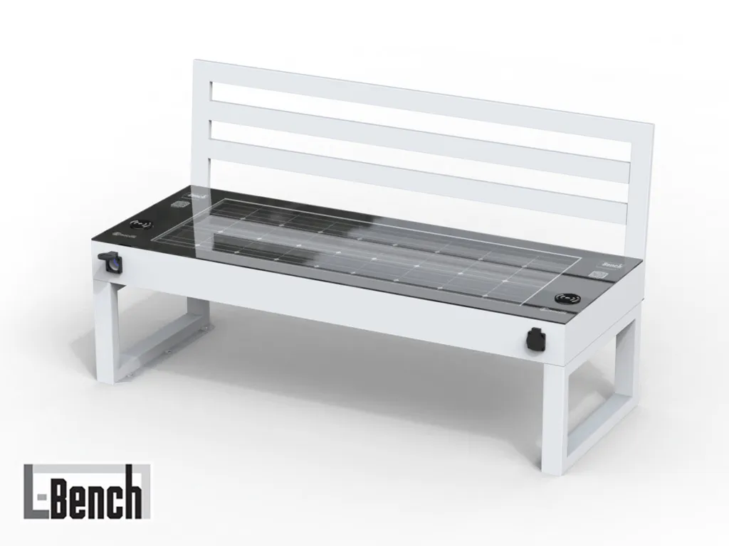 panchina smart L bench con schienale con fotovoltaico energia solare usb wireless charger.webp