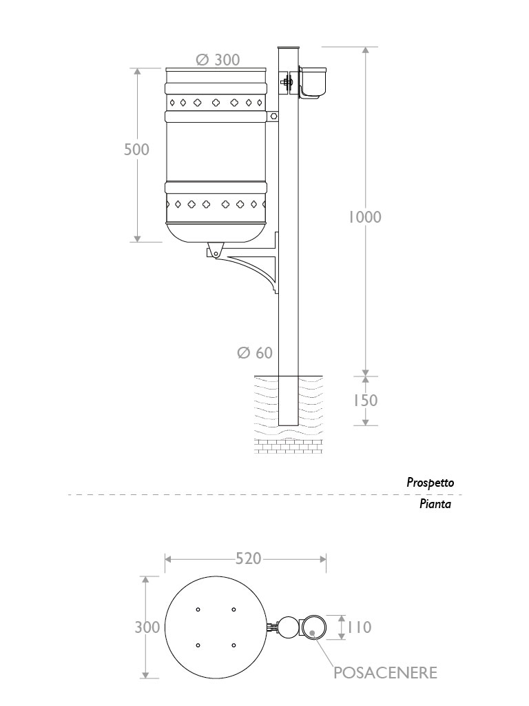 cestino mantegna 330114 singolo infissione posacenere