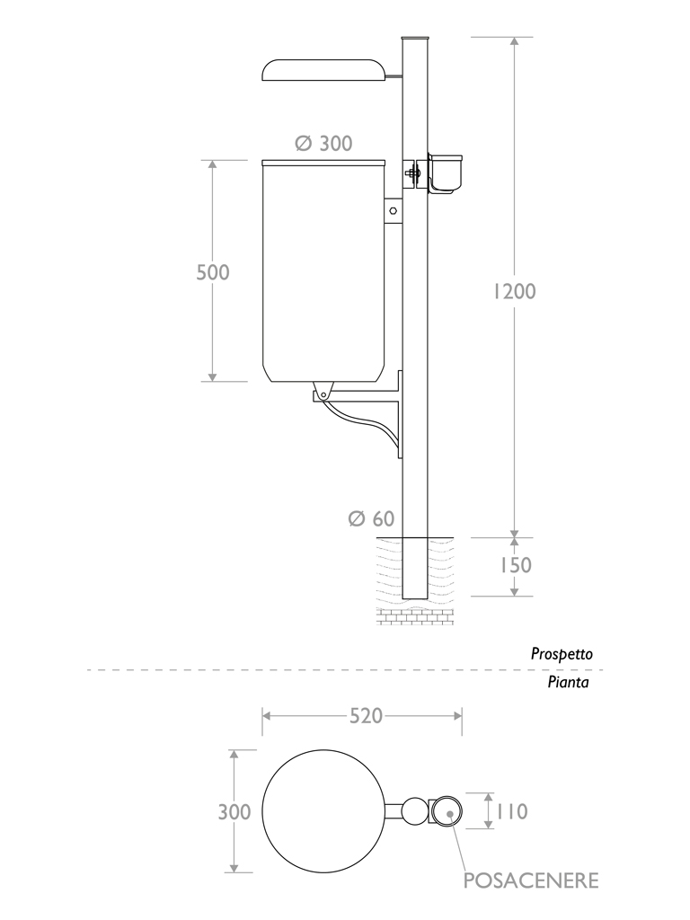 cestino marinetti 330521 singolo infissione coperchio posacenere