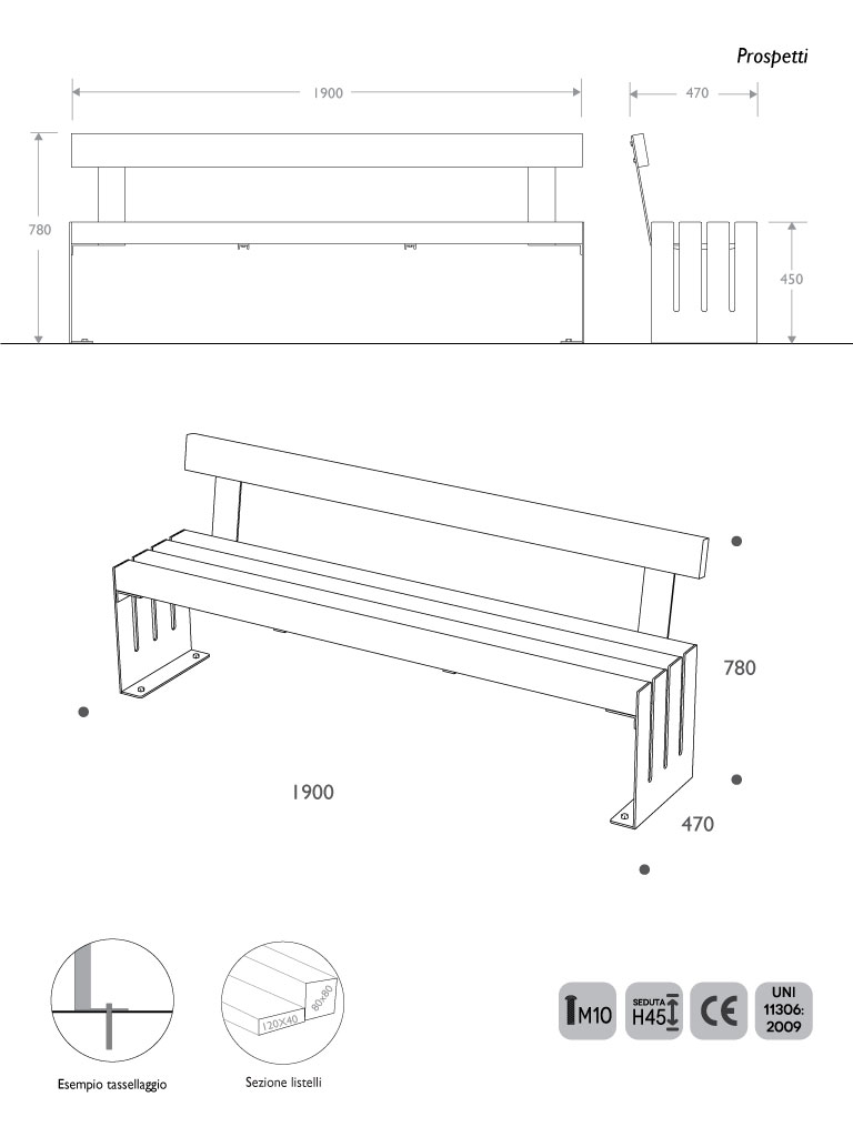 misure 2d panchina modern acciaio plastica strongplast con schienale