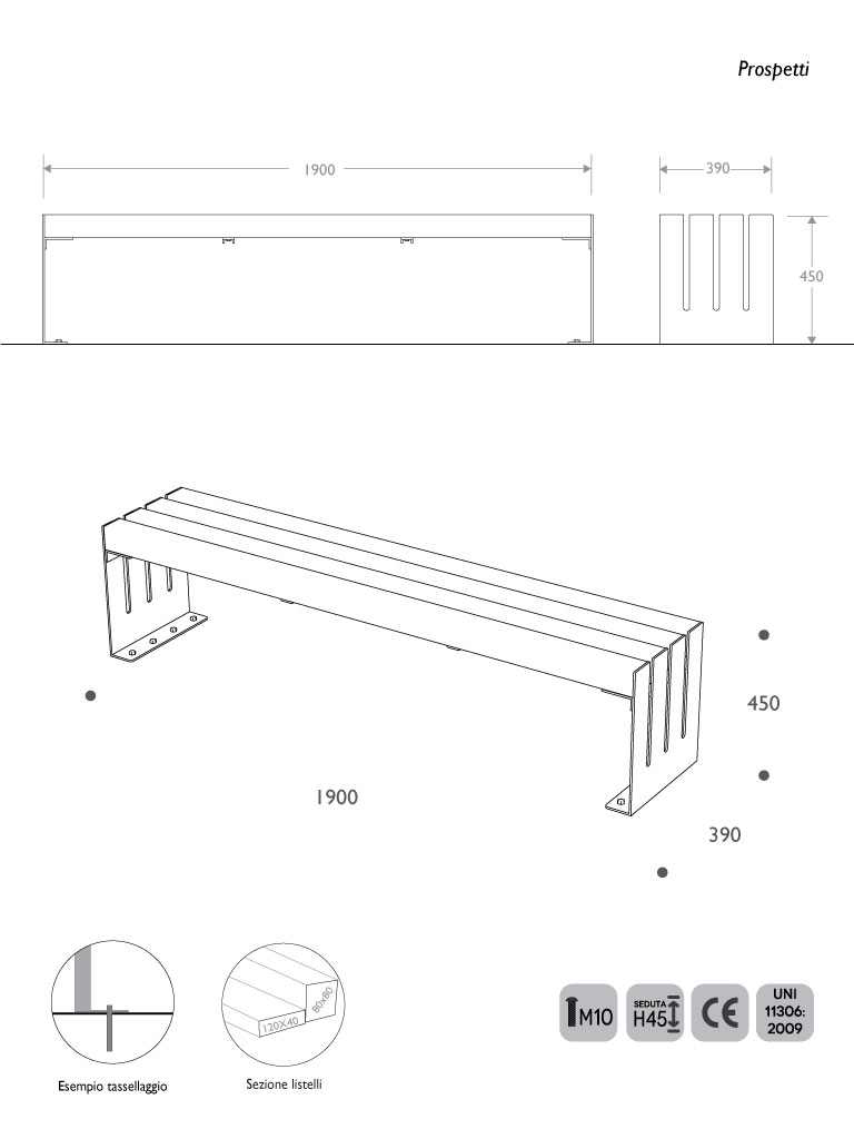 misure 2d panchina modern acciaio plastica strongplast senza schienale