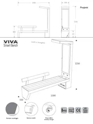 Panchina Smart VIVA ad Energia Solare Ricarica Intelligente IOT ready, seduta e schienale in plastica riciclata 2,1 m ricarica dispositivi WIRELESS USB illuminazione LED e totem di ricarica